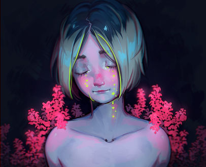 Обои на рабочий стол Плачущий желтыми звездочками Кэнма Козумэ / Kenma Kozume из аниме Волейбол! / Haikyuu! на фоне светящихся ярко-розовых цветов в темноте, by Daniiux