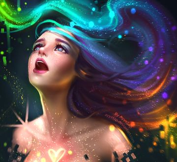 Обои на рабочий стол Девушка с разноцветными волосами с открытым ртом, by AyyaSap