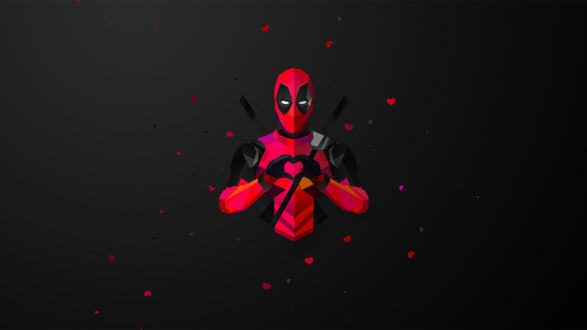 Обои на рабочий стол Герой комиксов Deadpool / Дедпул делает знак руками в виде сердца