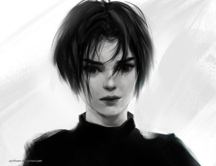 Обои на рабочий стол Черно-белый портрет девушки с короткой стрижкой, by AprilTwen