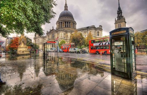 Обои на рабочий стол England, UK, London, St Pauls Cathedral / Англия, Лондон, лето, собор Святого Павла после дождя