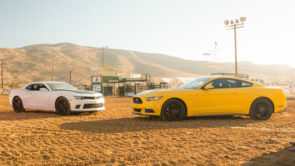 Обои на рабочий стол Белый Chevrolet / Шевроле и желтый Mustang / Мустанг в пустыне