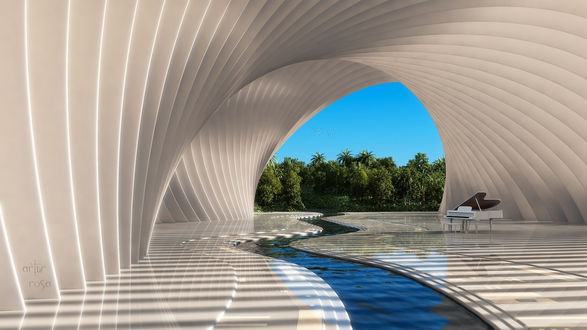Обои на рабочий стол Rendering / Рендеринг, Белый рояль на мраморной террасе с арками, где протекает река, вдали тропический лес на фоне синего неба