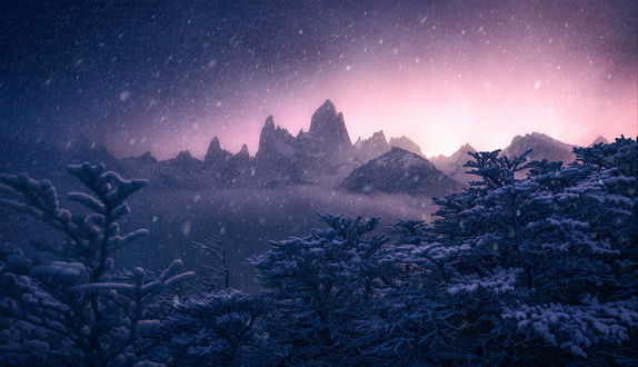 Обои на рабочий стол Горы и деревья под падающим снегом, фотограф Max Rive