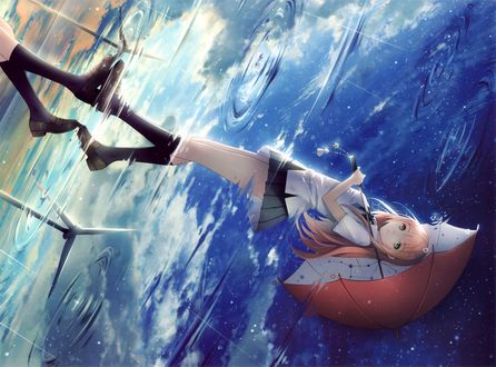 Обои на рабочий стол Отражение в воде школьницы с красным зонтом, art by Tidsean