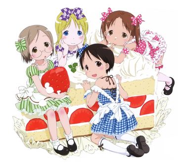 Обои на рабочий стол Chika Itoh, Miu Matsuoka, Matsuri Sakuragi и Ana Coppola рядом с куском торта из аниме Клубничный зефир / Ichigo Mashimaro, art Kyuuta Sakai