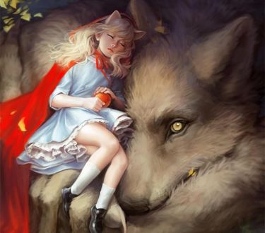 Обои на рабочий стол Спящая красная шапочка с яблоком в руках на волке, by AMSBT