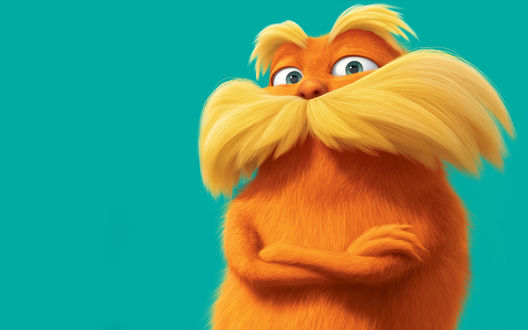 Обои на рабочий стол Dr. Seuss’ The Lorax / Лоракс Доктора Сьюза, известный мультфильм, его персонаж Лоракс, усатый оранжевый дух леса
