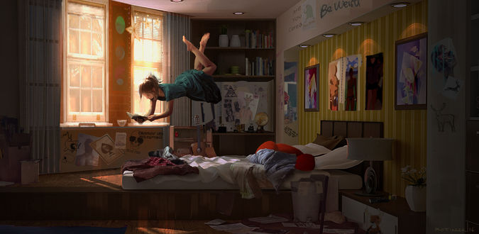 Обои на рабочий стол Девушка с книгой парит в воздухе над кроватью, by Blake Rottinger