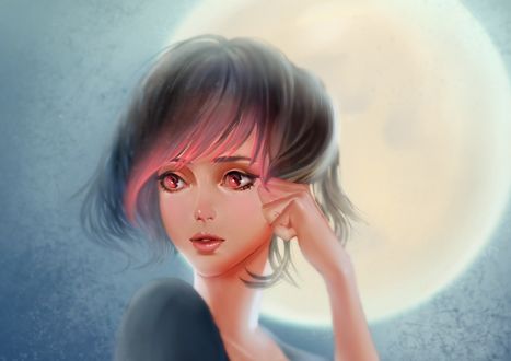 Обои на рабочий стол Девушка на фоне полной луны, by DziKawa
