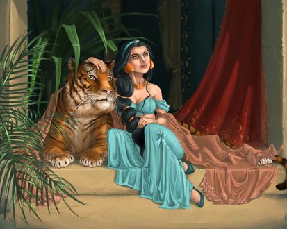 Обои на рабочий стол Princess Jasmine, tiger Rajah, characters Disney studio movie Aladdin / Аладдин, мультфильм Диснеевской киностудии, его персонажи принцесса Жасмин и тигр Раджа