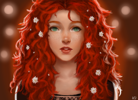 Обои на рабочий стол Девушка с рыжими волосами и цветами на них, by waffelpirate9o9