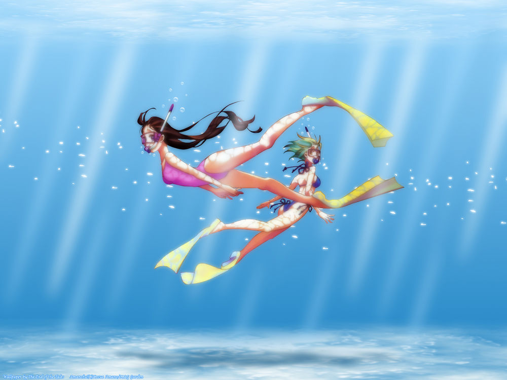 Обои для рабочего стола Главные героини манги Амантю! / Amanchu! Хикари Кохината / Hikari Kohinata и Футаба Оки / Futaba Oki плавают в море