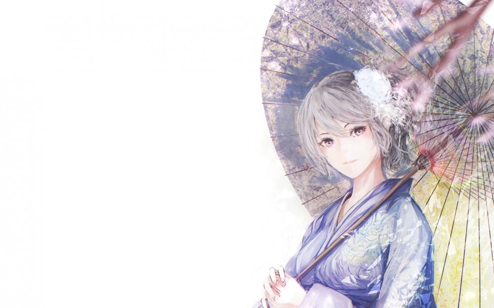 Обои для рабочего стола Красивая девушка в кимоно держит в руках раскрытый зонт