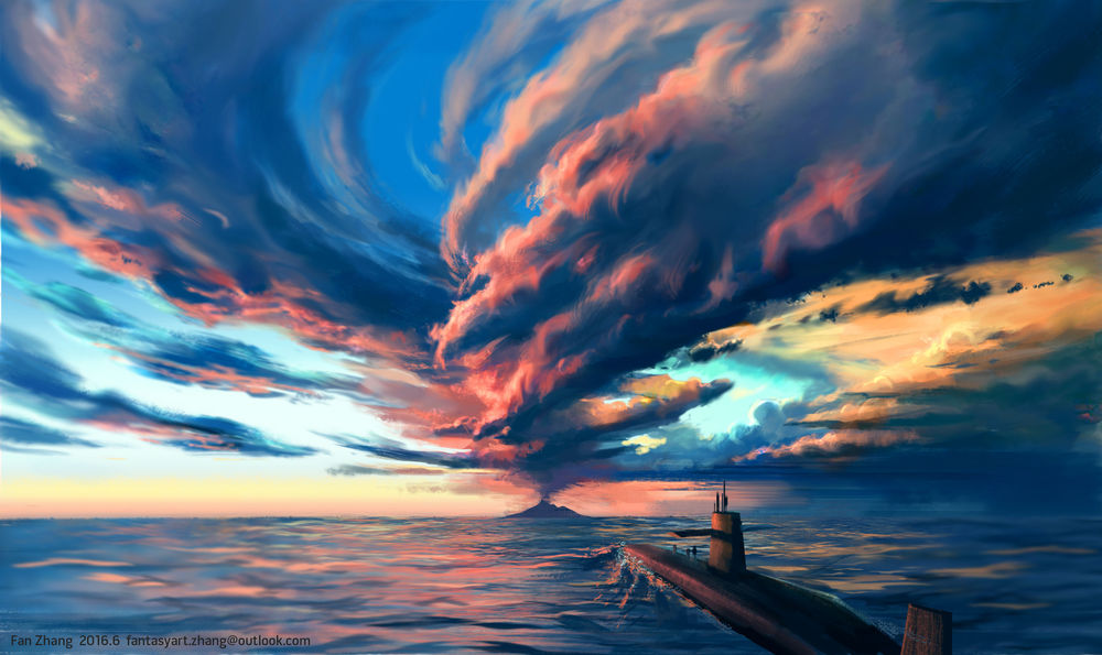 Обои для рабочего стола Подводная лодка движется у смерчу, by Fan Zhang