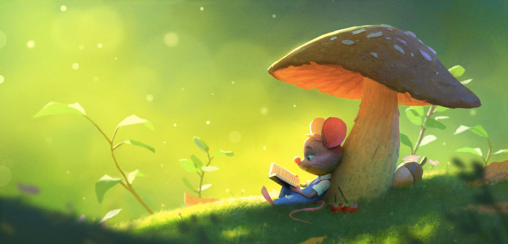 Обои для рабочего стола Мышонок читает книгу сидя на зеленой траве возле большого гриба, by Rattzen