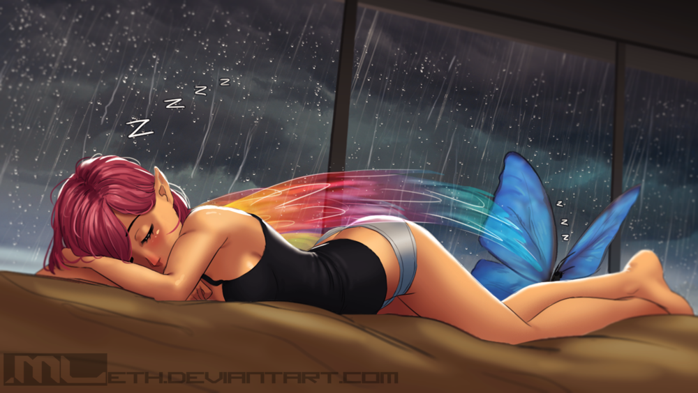Обои для рабочего стола Эльфийка с разноцветными крыльями и голубая бабочка спят возле окна, за которым идет дождь, by MLeth
