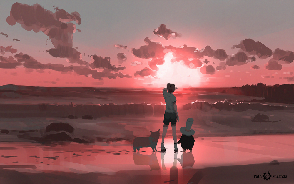 Обои для рабочего стола Мальчик с собакой и сказочным персонажем стоят у моря на фоне заката, by snatti89