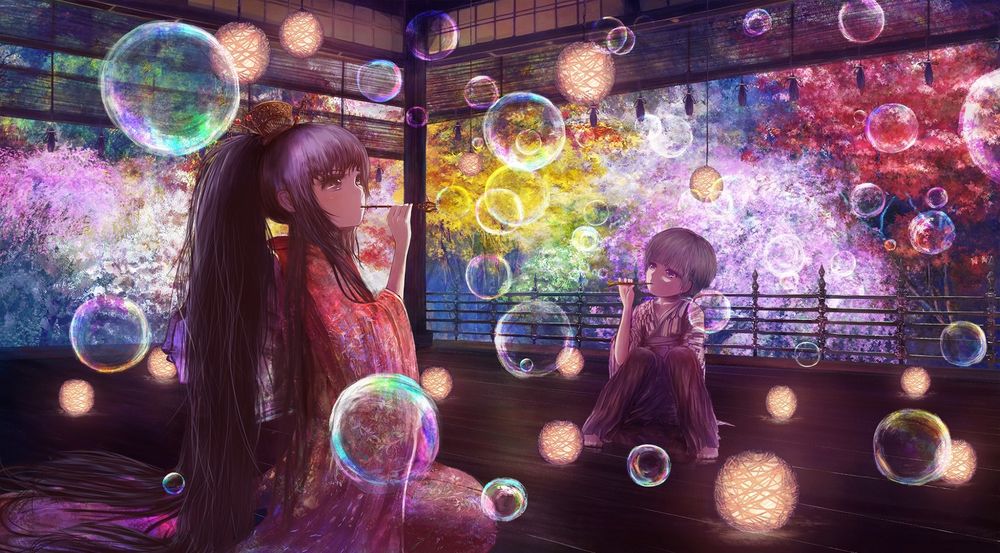 Обои для рабочего стола Две девочки в кимоно, сидя ночью на веранде, пускают мыльные пузыри, art by Popopo5656