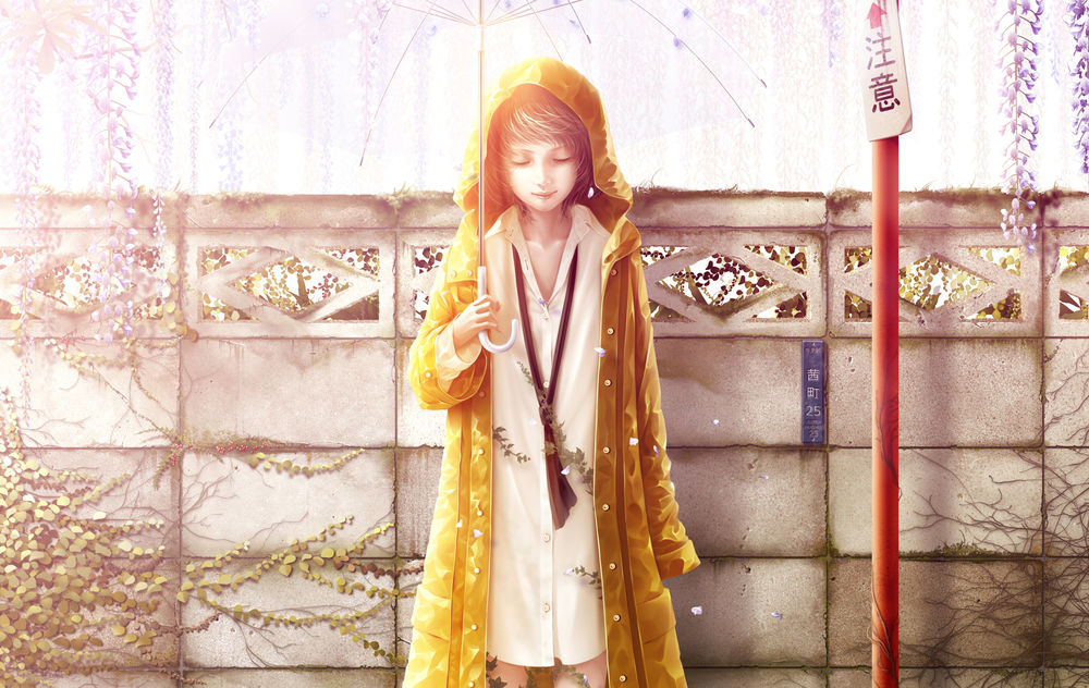 Обои для рабочего стола Девушка в рубашке, галстуке и желтом плаще с зонтом стоит у красного столба со знаком, на котором нарисованы иероглифы и стрелка вверх, на фоне каменной ограды, под цветущими ветвями глицинии, вьющиеся побеги которой оплели и ее тело, art by Bouno Satoshi