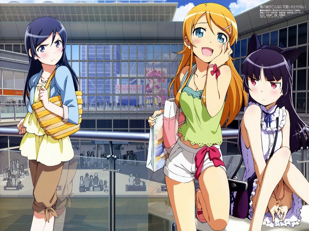 Обои для рабочего стола Kousaka Kirino / Кирино Косака с подругами в торговом центре из аниме Моя младшая сестра не может быть такой милой / Ore no Imouto ga Konnani Kawaii Wake ga Nai / OreImo