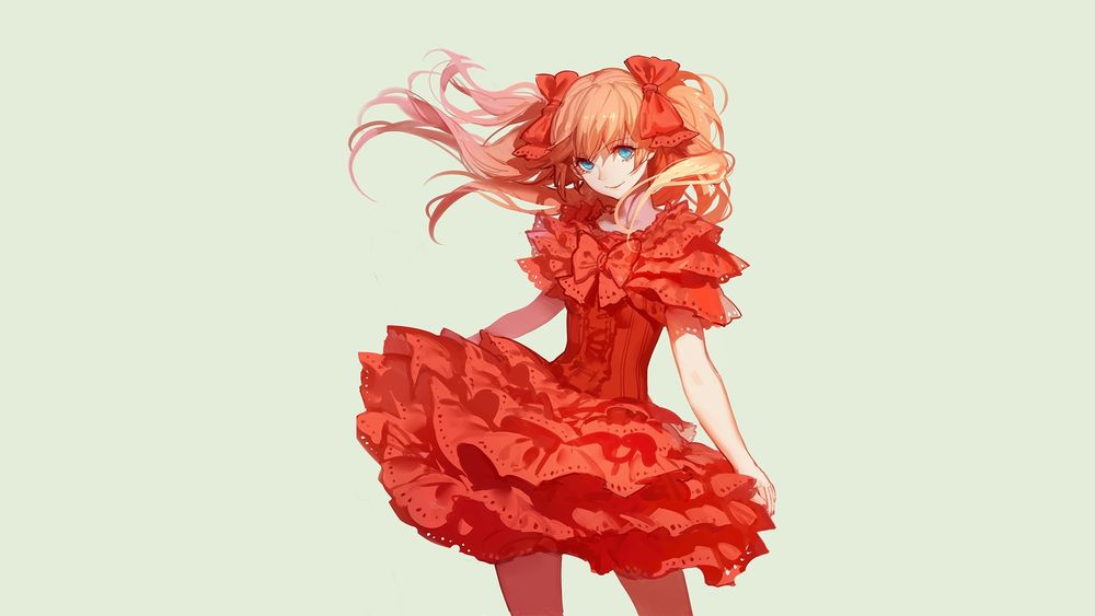 Обои для рабочего стола Сорью Аска Лэнгли / Asuka Langley Souryu из аниме Евангелион нового поколения / Neon Genesis Evangelion в красном платье с оборками и с такими же красными бантиками в волосах
