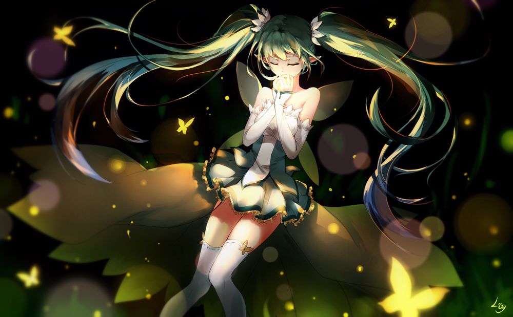 Обои для рабочего стола Вокалоид Хатсуне Мику / Vocaloid Hatsune Miku сидит в окружении ночных мотыльков