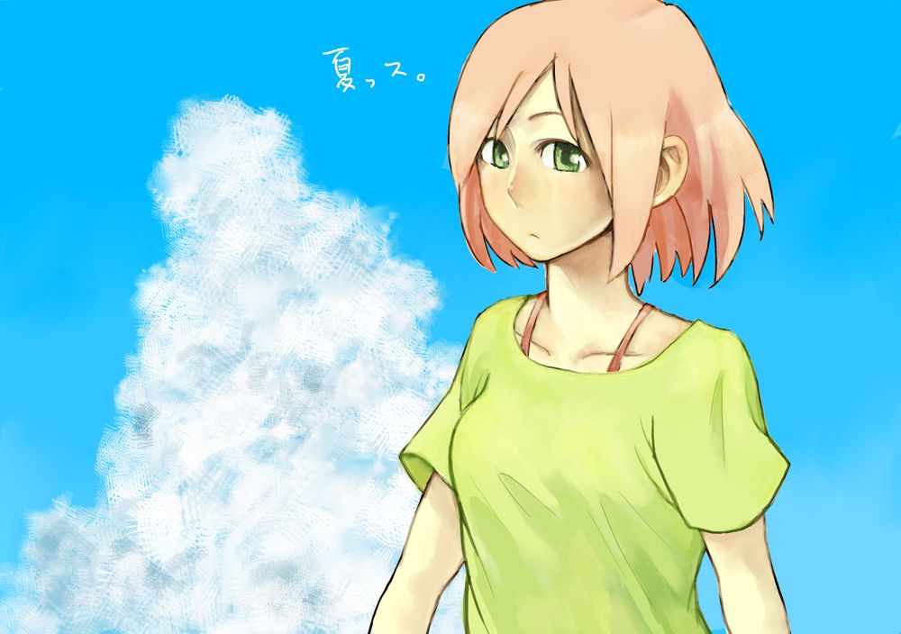 Обои для рабочего стола Розоволосая девушка на фоне голубого неба, art by &;&;&; &;&;&;