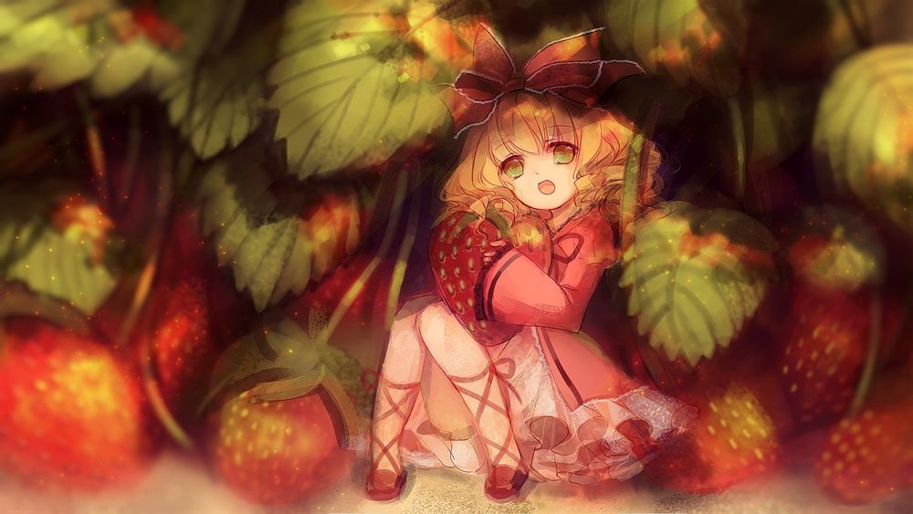 Обои для рабочего стола Hinaichigo спряталась в земляничных кустах из аниме Rozen Maiden / Девы Розена