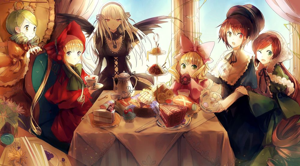 Обои для рабочего стола Suigintou / Суигинто, Kanaria, Hinaichigo, Suiseiseki, Souseiseki и Shinku устроили чаепитие со сладостями, аниме Rozen Maiden / Девы Розена