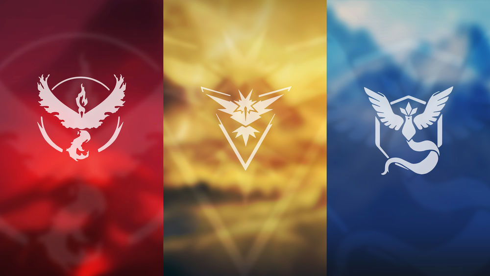 Обои для рабочего стола Символы красной (Team Valor), желтой (Team Instinct) и синей (Team Mystic) команд из игры Pokemon GO