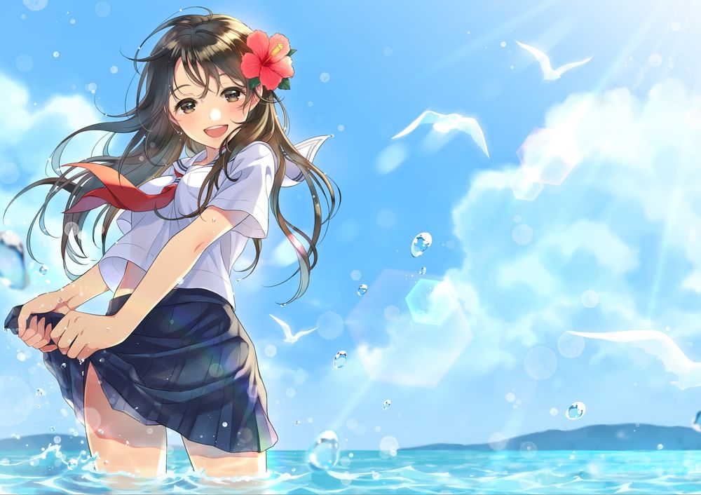 Обои для рабочего стола Счастливая школьница, стоя в воде, выжимает подол юбки, art by Morikura-en