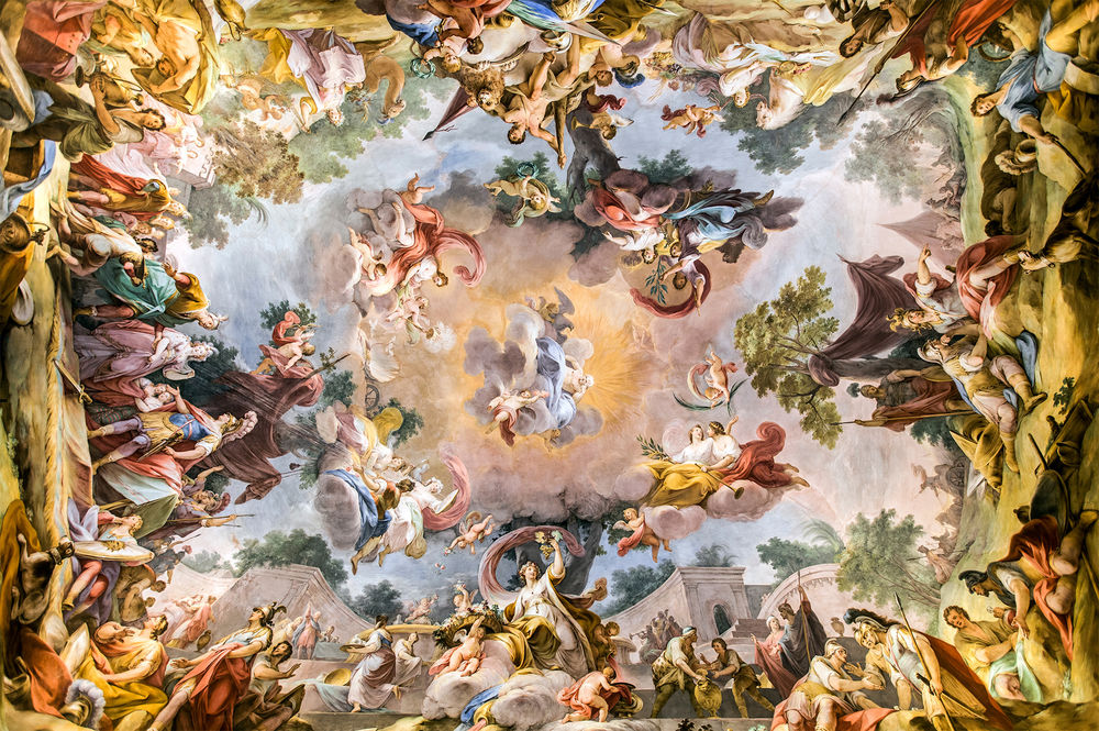 Обои для рабочего стола Прекрасная фреска с ангелами в облаках, деревьями и людьми на земле