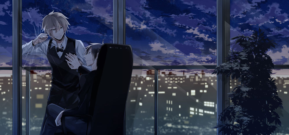 Обои для рабочего стола Orihara Izaya / Орихара Изая сидит в кресле и смотрит на Heiwajima Shizuo / Хэйваджима Шизуо, который разбил стекло, на фоне ночного города, из аниме Durarara / DRRR / Дюрарара / Всадник без головы, art by no_yzrh