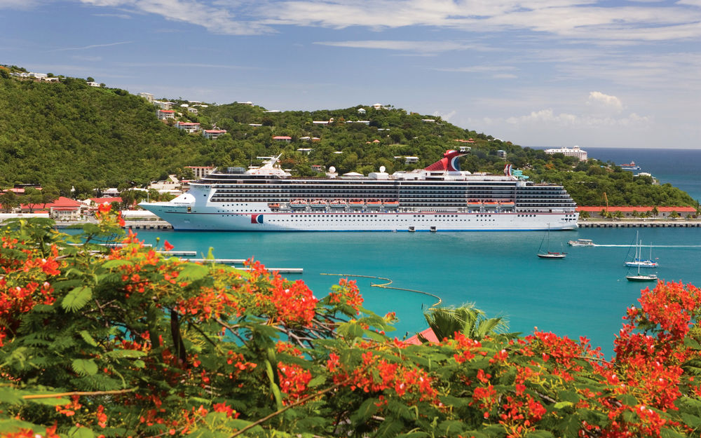 Обои для рабочего стола Bahamas / Багамы, круизный лайнер на стоянке у берега острова, цветы крупным планом, лето