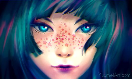 Обои на рабочий стол Синеглазая девушка с веснушками-цветами на лице, by yuumei