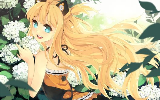 Обои на рабочий стол Vocaloid SeeU / Вокалоид СиЮ стоит рядом с цветущим кустарником гортензии