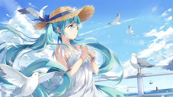 Обои на рабочий стол Vocaloid Hatsune Miku / Вокалоид Хатсунэ Мику держит в руках бутылку с запиской, by KyoD＋@ミクラブ