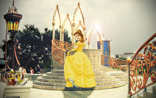 Обои на рабочий стол Beauty and the Beast, Disney movie / Красавица и чудовище, мультфильм Диснеевской студии, Belle / Белль, персонаж, на фоне вида Диснейленда