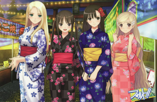 Обои на рабочий стол Mio, Ai Saeki, Reiko, Rika в юкатах на празднике из манги Fault, art by Tony Taka