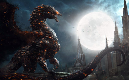 Обои на рабочий стол Крылатый дракон на фоне замка в полнолуние из игры Castlevania: Lords of Shadow