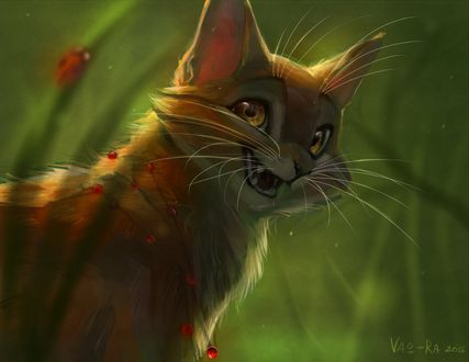 Обои на рабочий стол Радостная кошка в бусах из рябины, by Vao-Ra