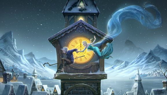 Обои на рабочий стол Джек Фрост / Jack Frost из мультфильма Хранители снов / Rise of the Guardians и Эльза / Elsa из мультфильма Холодное сердце / Frozen, by ChaoyuanXu