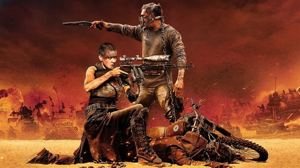 Обои на рабочий стол Главные герои фильма Безумный Макс: Дорога ярости / Mad Max: Fury Road - Макс (Том Харди / Tom Hardy) и Фуриоса (Шарлиз Терон / Charlize Theron ведут неравный бой