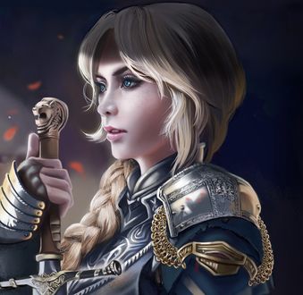 Обои на рабочий стол Девушка в доспехах с мечом в руке, by Xavier Ou