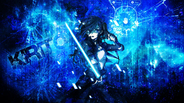 Обои на рабочий стол Кирито / Kirito / Казуто Киригая / Kirigaya Kazuto из аниме Sword Art Online / Мастера Меча Онлайн в форме аватара, похожего на женский, стоит на готове с пистолетом и фотонным мечом (Cancel Paid Place Your Hand)