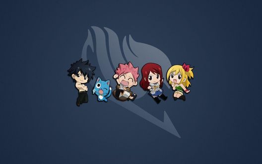 Обои на рабочий стол Natsu Dragneel / Нацу Драгнил, Happy / Хэппи, Lucy Heartfilia / Люси Хартфилия, Gray Fullbuster / Грей Флибустьер и Эльза Скарлет / Erza Scarlet из аниме Фейри Тейл / Хвост Феи / Fairy Tail