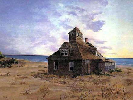 Обои на рабочий стол Donald McAdoo, Morning at Currituck beach / Дональд Макаду, Утро на берегу Керритака, дом на пустынном берегу моря
