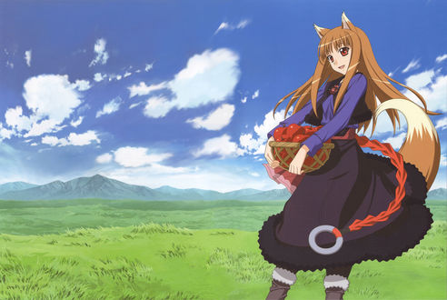 Обои на рабочий стол Horo / Хоро с корзинкой с красными яблоками, из аниме Spice and Wolf / Волчица и пряности, art by Kuroda Kazuya