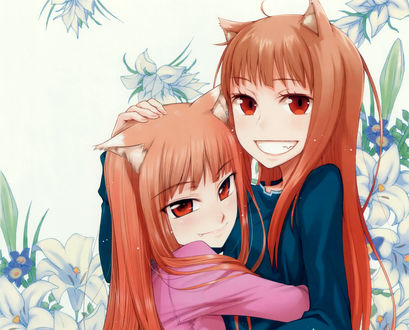 Обои на рабочий стол Horo / Хоро обнимает сама себя, из аниме Spice and Wolf / Волчица и пряности, art by Ayakura Juu